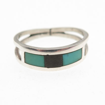 Old Pawn 925 Sterling Silver Vintage Turquoise Black Onyx Tribal Ring Size 6.75