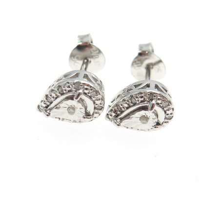 925 Sterling Silver Real Round-Cut Diamond Teardrop Stud Earrings