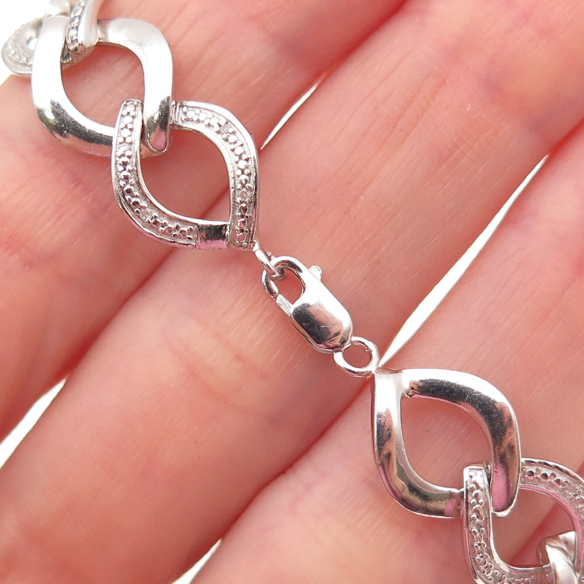 925 Sterling Silver Real Round-Cut Diamond Curb Link Bracelet 7.25"