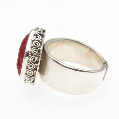 SAJEN 925 Sterling Silver Vintage Carved Red Cinnabar Adjustable Ring Size 10