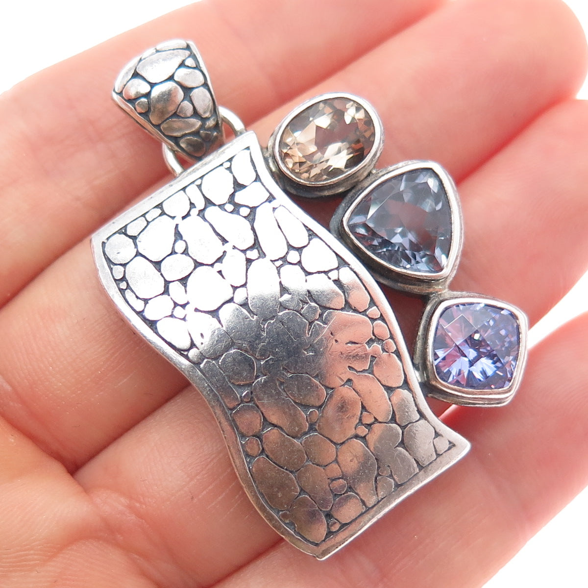 925 Sterling Silver Vintage Real Tanzanite Iolite Smoky Quartz Modernist Pendant