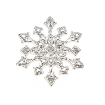 925 Sterling Silver Real Round-Cut Diamond Snowflake Pendant