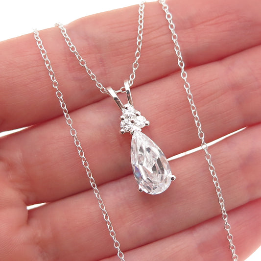 925 Sterling Silver Pear & Round-Cut C Z Cable Chain Necklace 18"