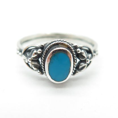 925 Sterling Silver Vintage Real Bisbee Turquoise Flower Oxidized Ring Size 7