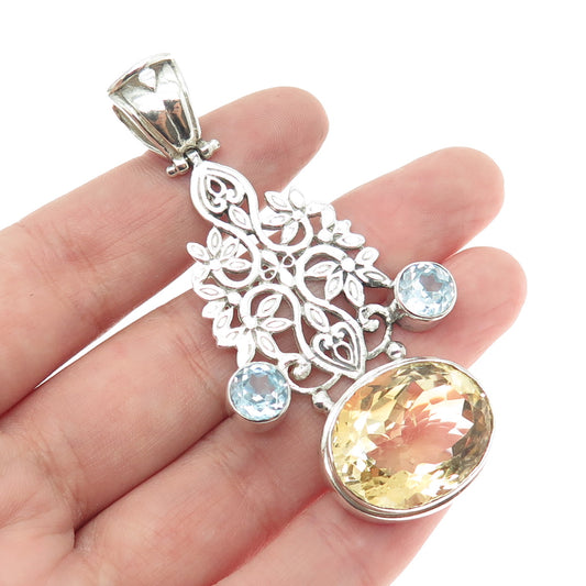 925 Sterling Silver Vintage Real Blue Topaz & Citrine Gemstone Floral Pendant