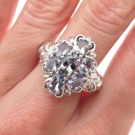 Chuck Clemency 925 Sterling Silver Real Oval-Cut Tanzanite Floral Ring Size 8.5