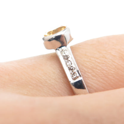 925 Sterling Silver Real Round-Cut Diamond & Oval-Cut Citrine Ring Size 8