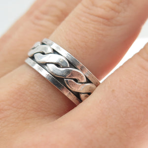 925 Sterling Silver Vintage Celtic Woven Oxidized Rotating Band Ring Size 7.75