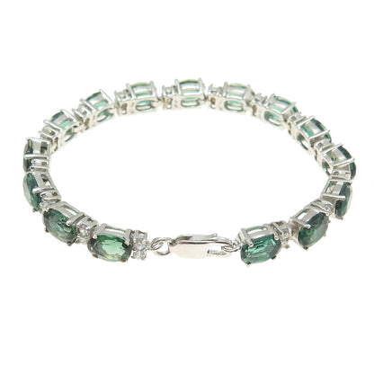 925 Sterling Silver Real Green Tourmaline & C Z Tennis Link Bracelet 6.5"