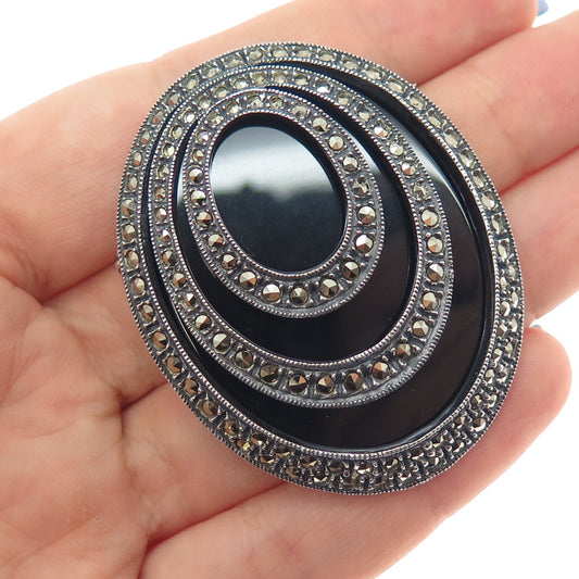 925 Sterling Silver Vintage Real Black Onyx & Marcasite Oxidized Pin Brooch