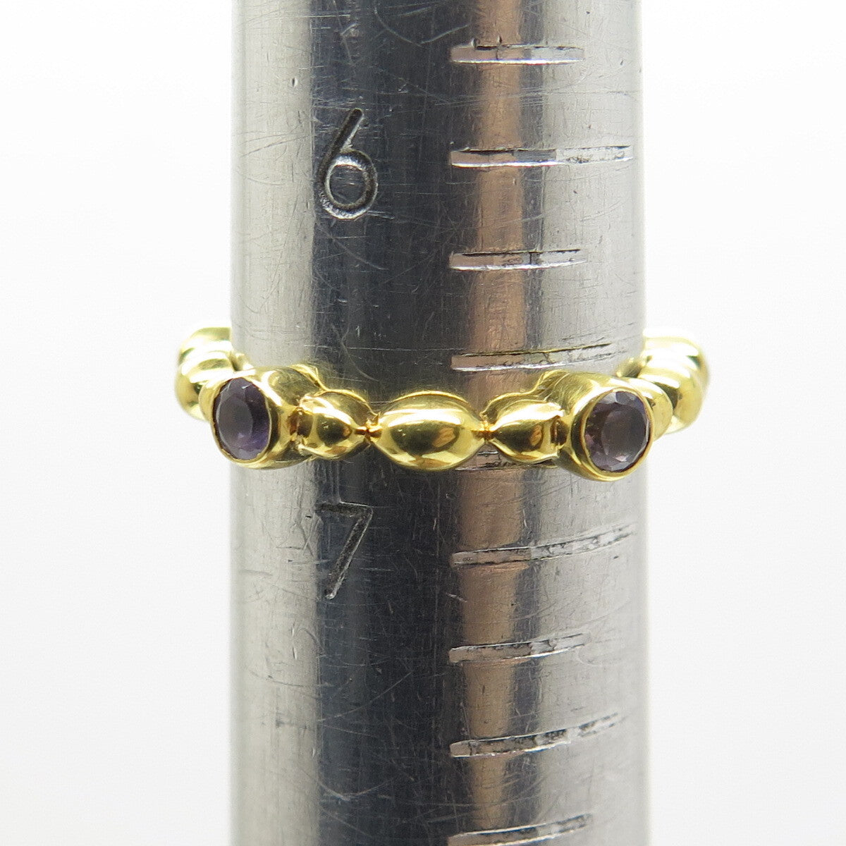 925 Sterling Silver Gold Plated Real Amethyst Beaded Band Ring Size 6.75