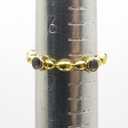 925 Sterling Silver Gold Plated Real Amethyst Beaded Band Ring Size 6.75