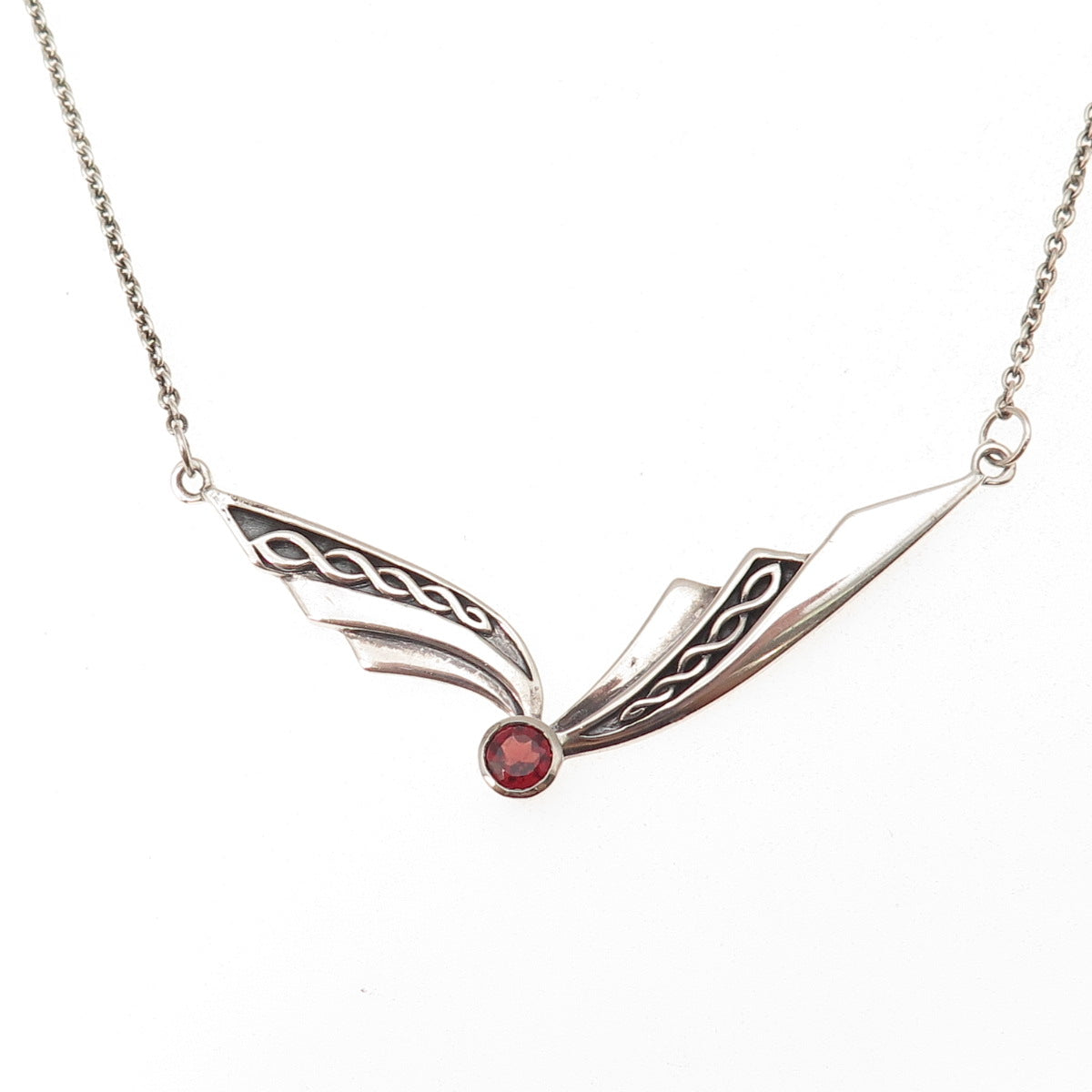 Peter Stone 925 Sterling Silver Vintage Real Garnet Celtic Chain Necklace 16-18"
