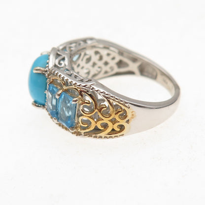 Chuck Clemency 925 Sterling 2-Tone Real Turquoise & Blue Topaz Ring Size 8.25
