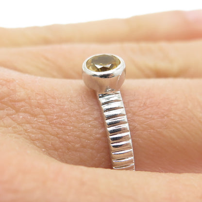 SMK 925 Sterling Silver Real Citrine Gemstone Ribbed / Striped Ring Size 7.75