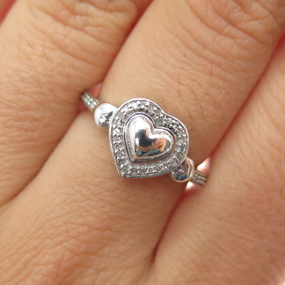 925 Sterling Silver Real Round-Cut Diamond Heart Ring Size 6.75
