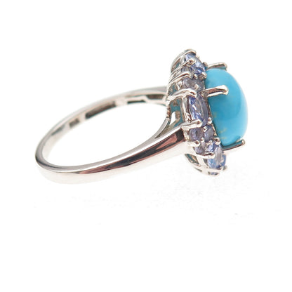 Chuck Clemency 925 Sterling Silver Real Turquoise & Tanzanite Floral Ring Size 8