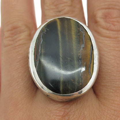 925 Sterling Silver Vintage Real Tiger Eye Engraved Statement Ring Size 10.25