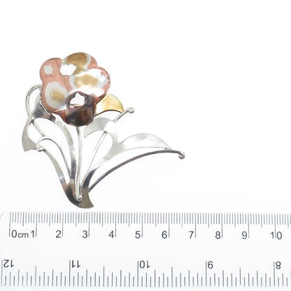 925 Sterling Silver 3-Tone Vintage JR Artisan Modernist Flower Pin Brooch