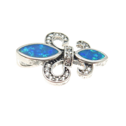 925 Sterling Silver Real Blue Opal Gem Inlay & C Z Fleur de Lis Slide Pendant