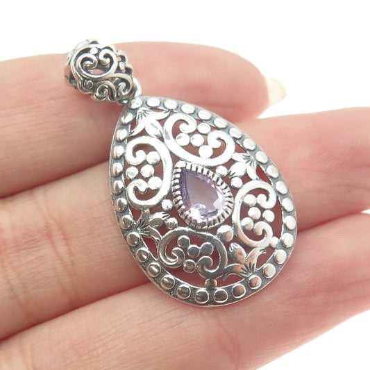 BERIA 925 Sterling Silver Pear-Cut Amethyst Ornate Teardrop Pendant