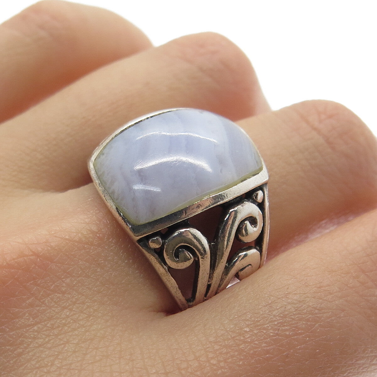 925 Sterling Silver Vintage Real Blue Lace Agate Gemstone Ring Size 8