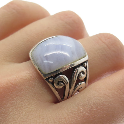 925 Sterling Silver Vintage Real Blue Lace Agate Gemstone Ring Size 8