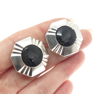 CHAPAL ZENRAY Sterling Silver Vintage Black Onyx Roman Soldier Clip On Earrings