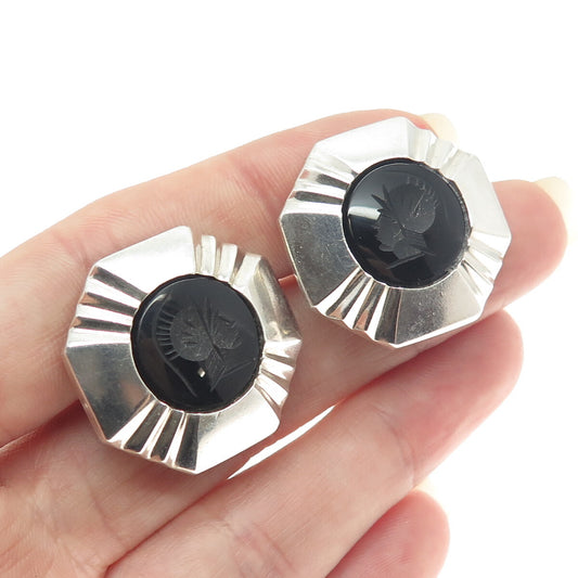 CHAPAL ZENRAY Sterling Silver Vintage Black Onyx Roman Soldier Clip On Earrings
