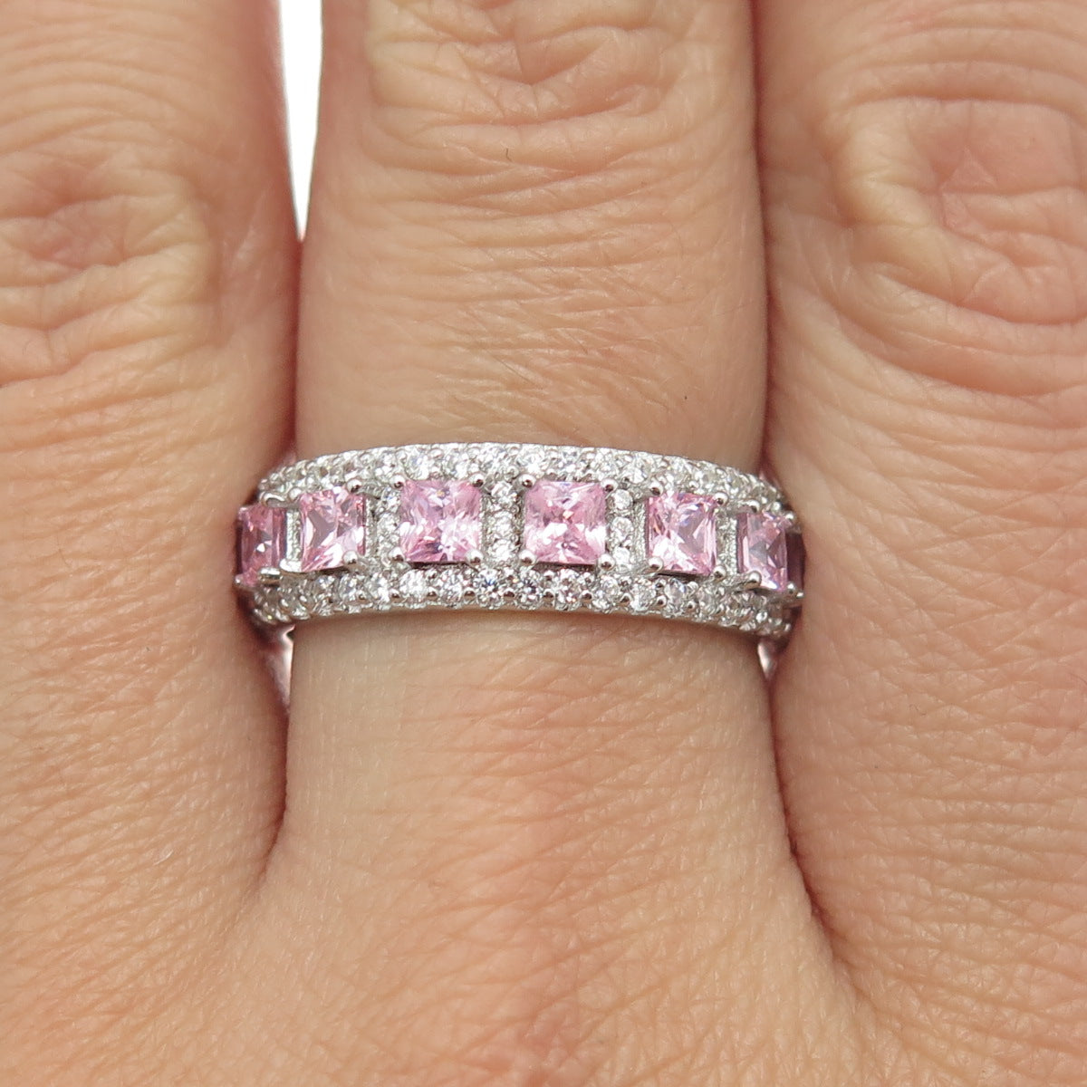 925 Sterling Silver White & Pink C Z All Around Eternity Band Ring Size 9.25