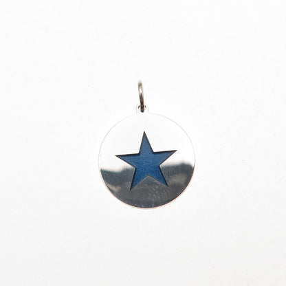 925 Sterling Silver Blue Enamel Star Round Tag Mini Charm Pendant