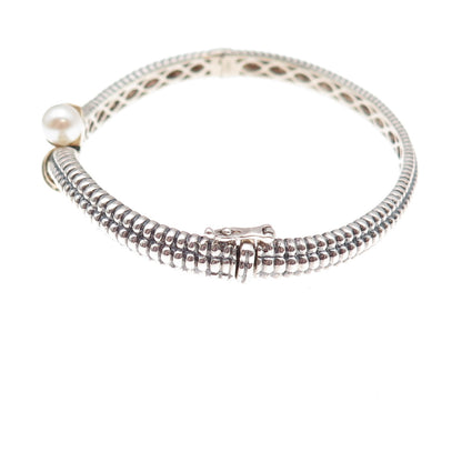 Town & Country 925 Sterling 14K Gold Real Diamond & Pearl Bangle Bracelet 6.75"