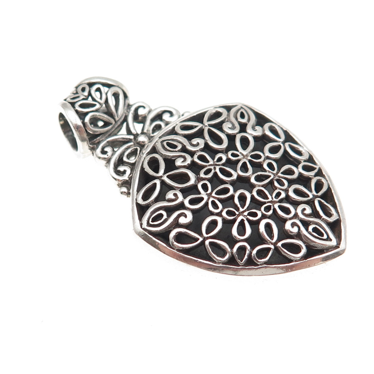 925 Sterling Silver Vintage Mexico Floral Ornate Oxidized Slide Charm Pendant