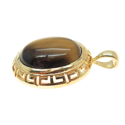 SETA 925 Sterling Silver Gold Plated Real Tiger Eye Greek Maze Oval Pendant