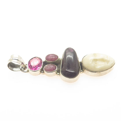 925 Sterling Silver Vintage Real Pink Amethyst Tourmaline & MOP Goddess Pendant