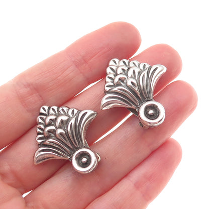 Ben-Amun 925 Sterling Silver Vintage Modernist Floral Oxidized Clip On Earrings
