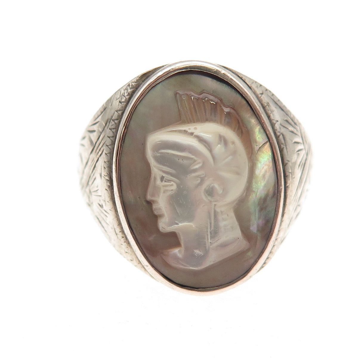 800 Silver Antique Art Deco Real MOP Carved Roman Warrior Oxidized Ring Size 9.5