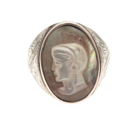 800 Silver Antique Art Deco Real MOP Carved Roman Warrior Oxidized Ring Size 9.5