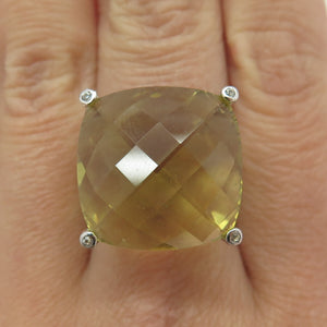 925 Sterling Silver Large Lime Citrine & White Topaz Gem Twisted Ring Size 6.75