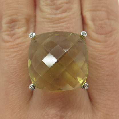 925 Sterling Silver Large Lime Citrine & White Topaz Gem Twisted Ring Size 6.75