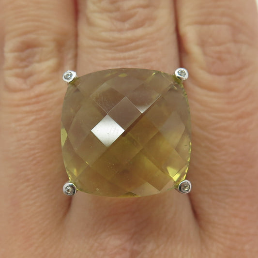 925 Sterling Silver Large Lime Citrine & White Topaz Gem Twisted Ring Size 6.75