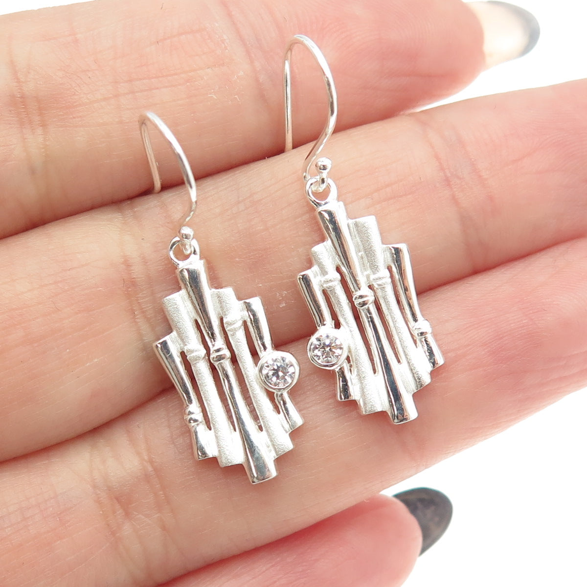 925 Sterling Silver Round-Cut C Z Bamboo Dangling Earrings