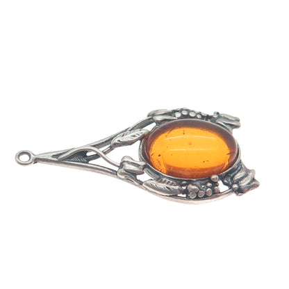 LISA LEE CREATIONS Sterling Silver Vintage Real Amber Floral Oxidized Pendant
