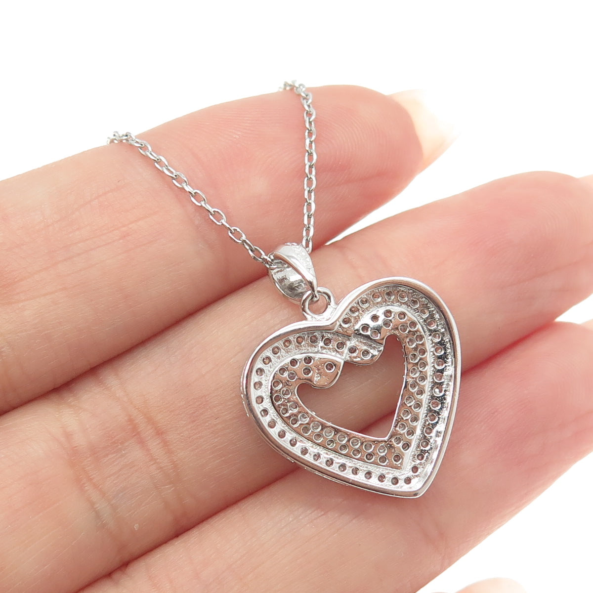 925 Sterling Silver Round-Cut C Z Heart Chain Necklace 18"