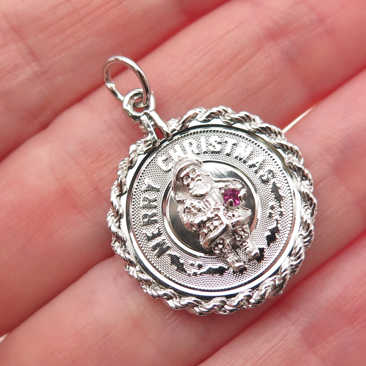 925 Sterling Silver Vintage Rhinestone Santa Merry Christmas Charm Pendant