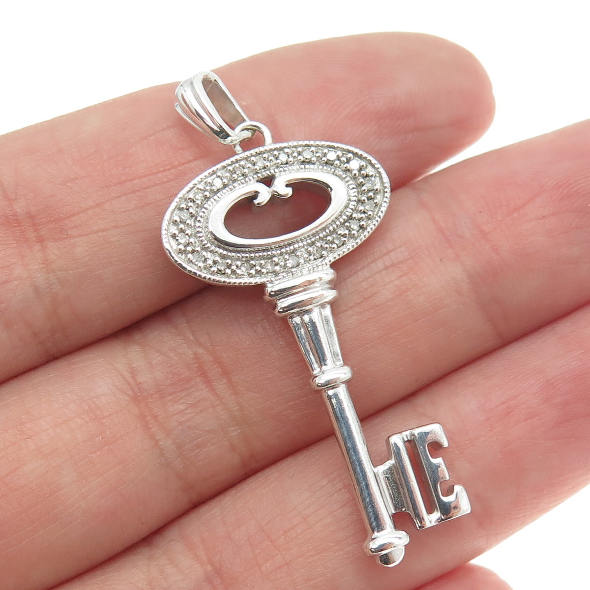 925 Sterling Silver Real White Diamond Key Pendant