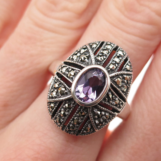 925 Sterling Silver Vintage Real Amethyst & Marcasite Oxidized Ring Size 8