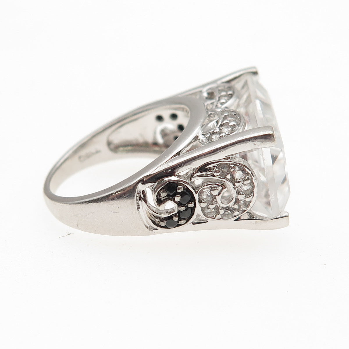 925 Sterling Silver Real White Topaz & Black Spinel Ring Size 6