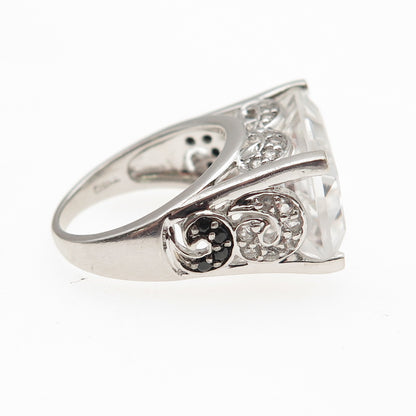 925 Sterling Silver Real White Topaz & Black Spinel Ring Size 6