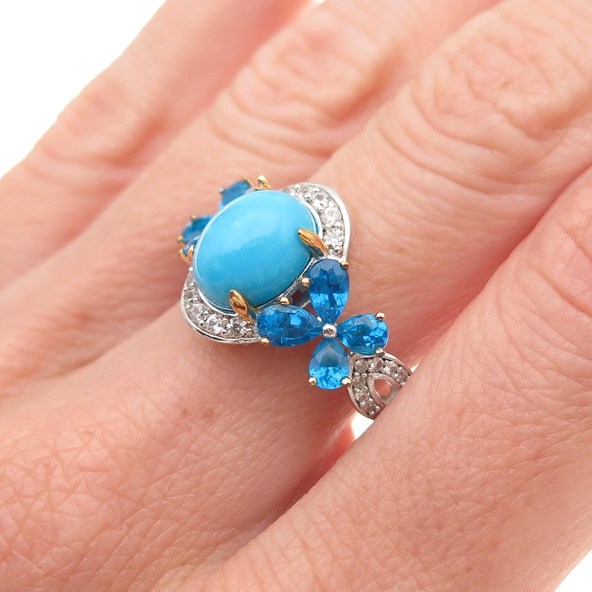 925 Sterling Silver 2-Tone Real Turquoise Apatite & White Topaz Ring Size 8